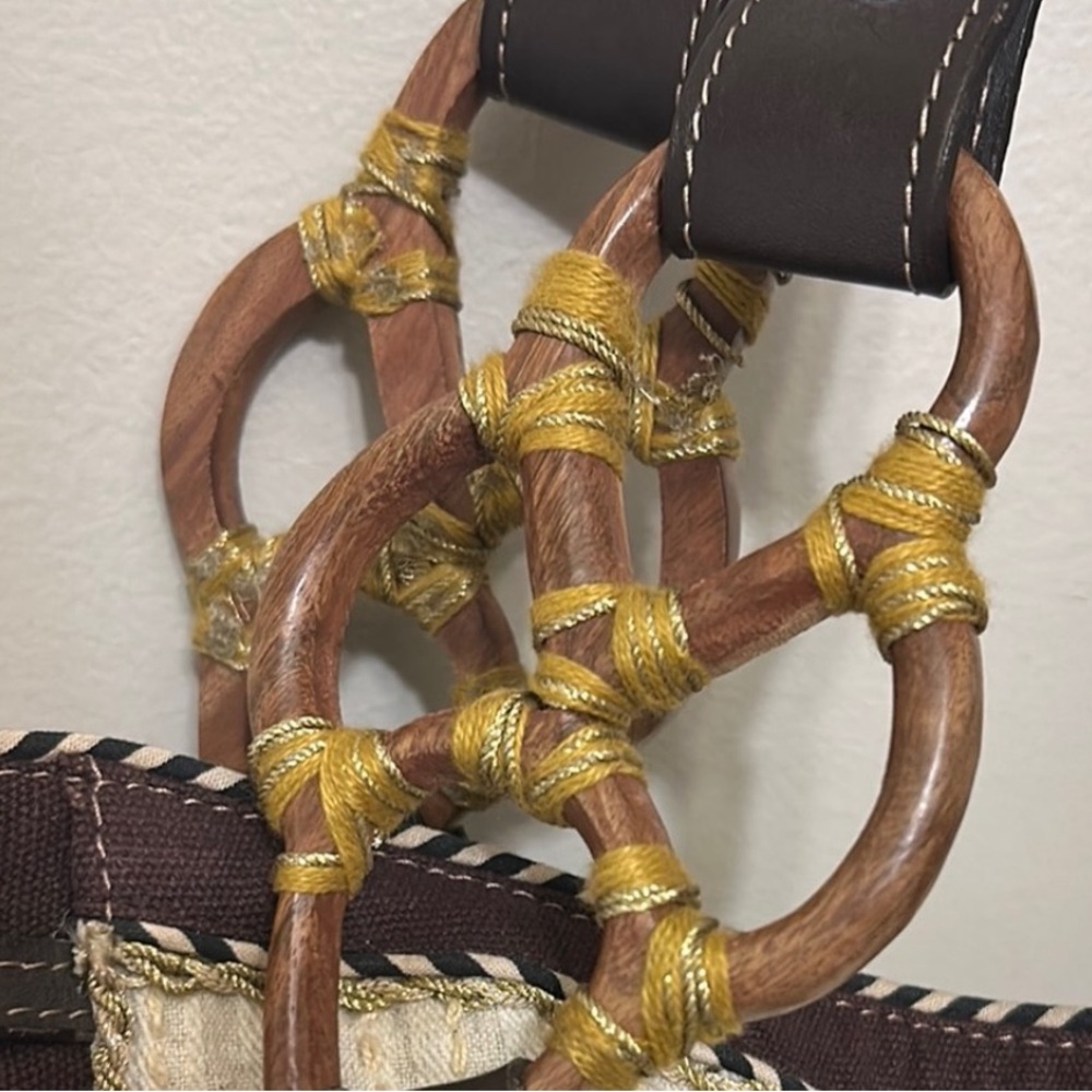 Anthropologie Yellow and Brown Embroidered Tote Vintage look gently Pre Loved - Picture 3 of 10